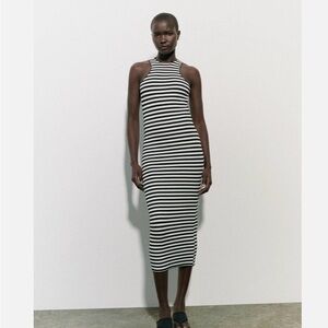 Zara Black & White Striped Racerback Midi Dress